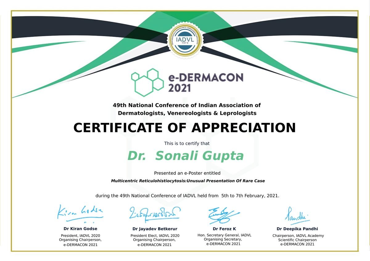 e-DERMACON 2021 — Certificate of Appreciation for Multicentric Reticulohistiocytosis ePoster